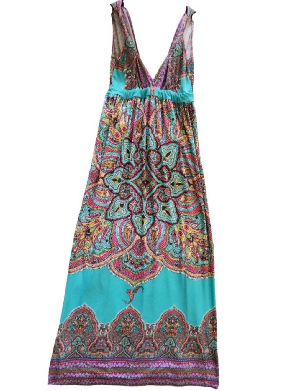 BLUSH Boho Turquoise Pink Paisley Medallion V-Neck Empire Waist Maxi Dress Sz S